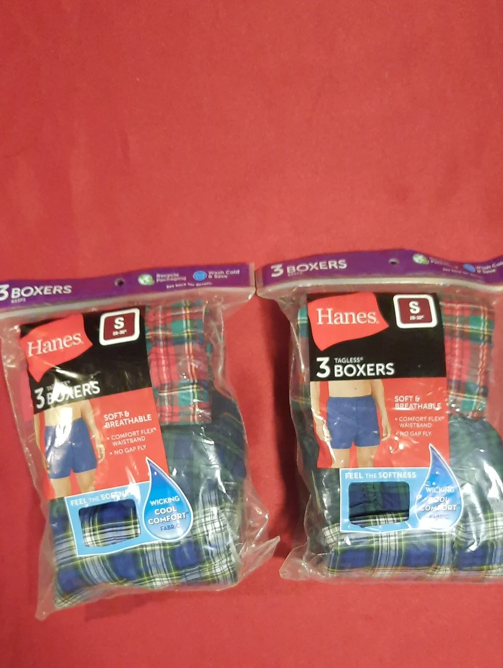2 Hanes Men's 3-Pack Plaid Boxer Briefs - Blue/Green (Small) 6 Pair Boxer Briefs
